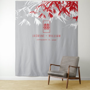 Tenture Mariage chinois Feuille gris et rouge bambou arriè