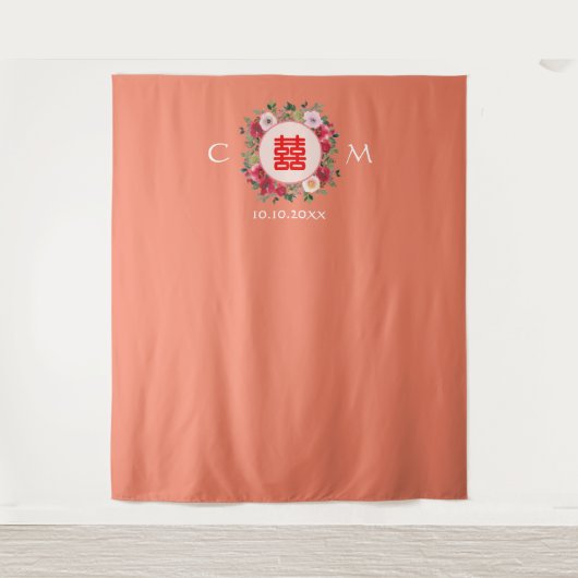 Tenture Mariage chinois orangé à couronne fleurie (Devant)