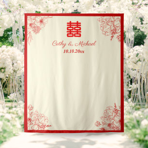 Tenture Mariage chinois rouge beige floral fond