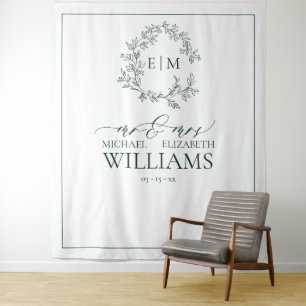 Tenture Mariage de monogramme Emerald Green Leafy Crest