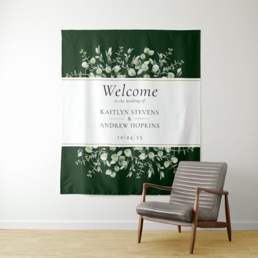 Tenture Mariage Eucalyptus Vert foncé Bienvenue (En situation)
