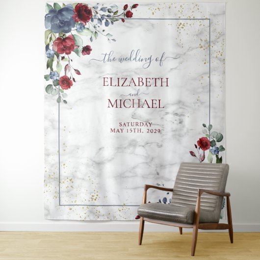 Tenture Mariage Floral Bleu Poussiéreux Bordeaux Or Clair (En situation)