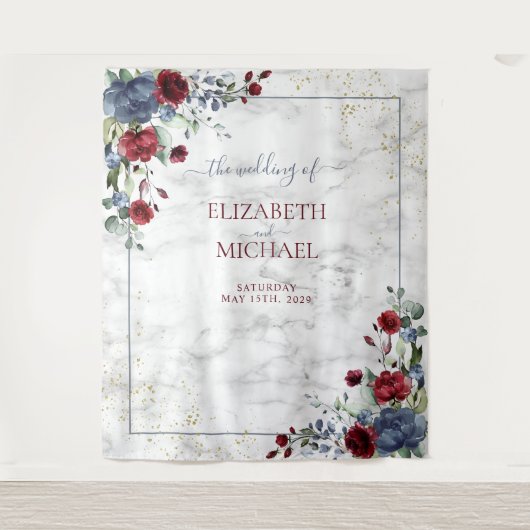 Tenture Mariage Floral Bleu Poussiéreux Bordeaux Or Clair (Devant)