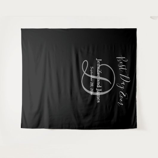 Tenture Mariage Noir Gris D Monogramme Nom Photobooth (Devant (Horizontal))
