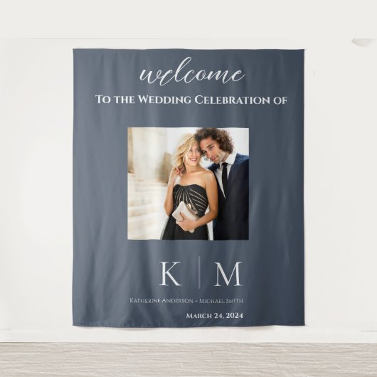 Tenture Mariage photo bleu et blanc- (Devant)