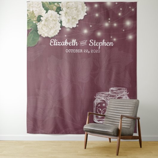 Tenture Mariage Photo Booth Backdrop Mason Jars Hydrangea (En situation)