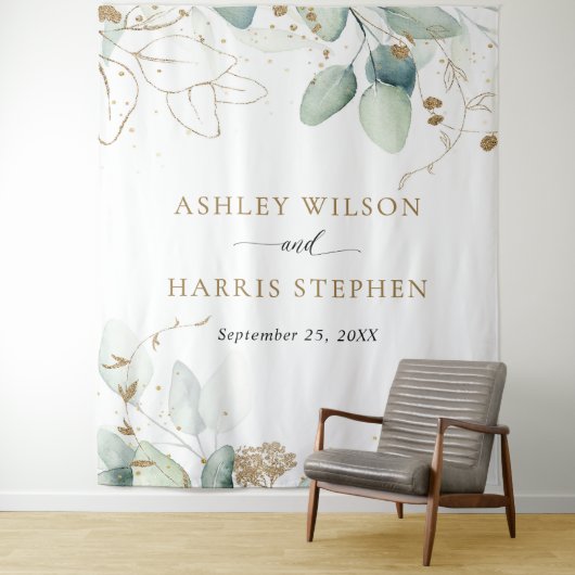 Tenture Mariage Rustique Eucalyptus Vert et Or (En situation)