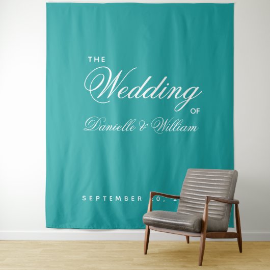 Tenture Mariage turquoise - Calligraphie simple et élégant (En situation)