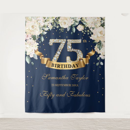 Tenture Marine Gold Green Fleurs blanches 75e anniversaire (Devant)