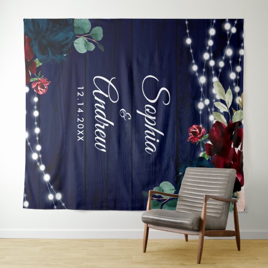 Tenture Marsala en bois rustique & Fleurs bleues de marine (En situation (horizontale))