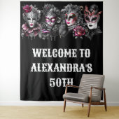 Tenture Mascarade boule anniversaire rose noir masques arg (En situation)