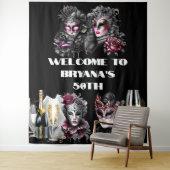 Tenture Mascarade boule anniversaire rose noir masques arg (En situation)