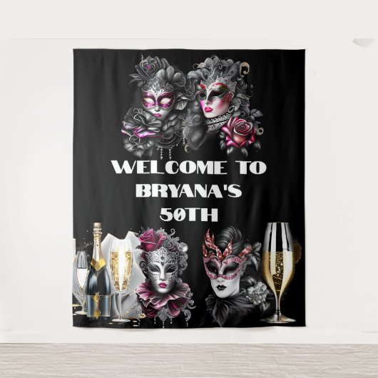 Tenture Mascarade boule anniversaire rose noir masques arg (Devant)
