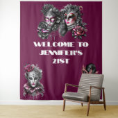 Tenture Mascarade boule rose noir masques argent fuchsia (En situation)