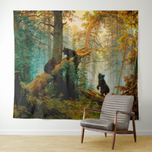 Tenture Matin dans une forêt de pins Ours avec oursons Shi