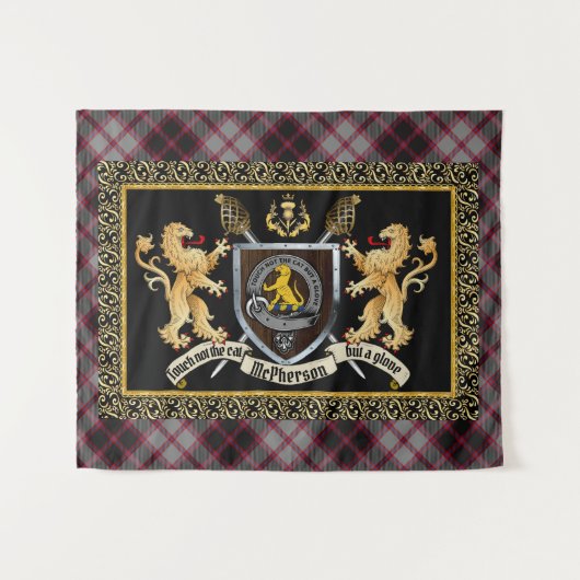Tenture McPherson Clan Badge & Motto avec Lions (Devant (Horizontal))