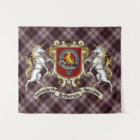 Tenture McPherson Clan Badge & Unicorns avec Tartan (Devant (Horizontal))