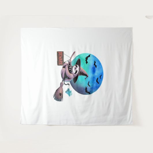Tenture Méfiez-vous joli sorcier Sloth volant sur Broom Ha (Devant (Horizontal))