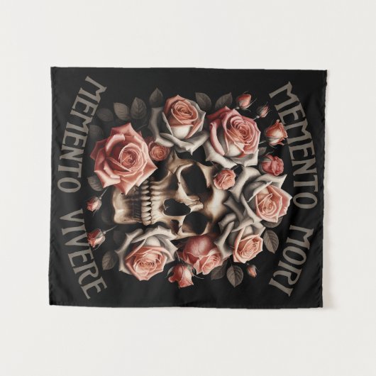 Tenture Memento Mori - Memento Vivere Crâne et Roses (Devant (Horizontal))