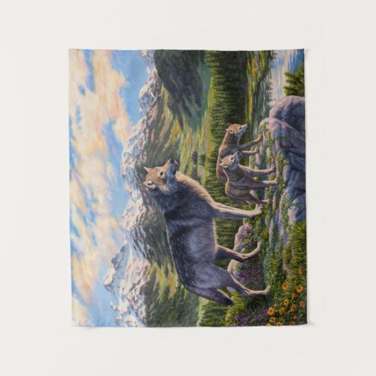 Tenture Mère Wolf & Pups Mountain River Valley (Devant)