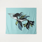 Tenture Mermaid gothique Beau dessin d'encre bleue verte (Devant (Horizontal))