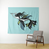 Tenture Mermaid gothique Beau dessin d'encre bleue verte (En situation (horizontale))