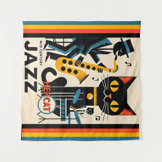 Tenture Mi siècle Jazz Age HepCat Chat Noir (Devant (Horizontal))