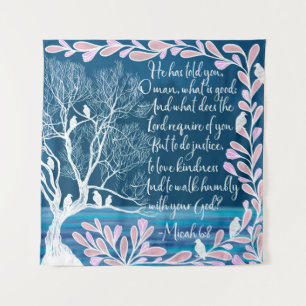 Tenture Micah 6:8 Turquoise Bleu Blanc Arbre Oiseaux Bible