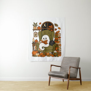 Tenture Mignon Fantôme Lisant un Livre Chat Noir Automne C