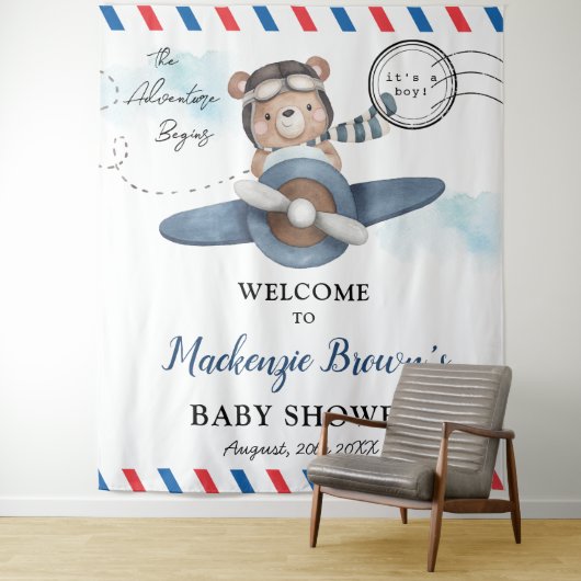 Tenture Mignonne Bear Plane Aventure Commence Baby shower  (En situation)