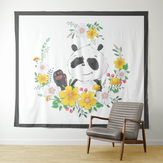 Tenture Mignonne panda fleurie (En situation (horizontale))