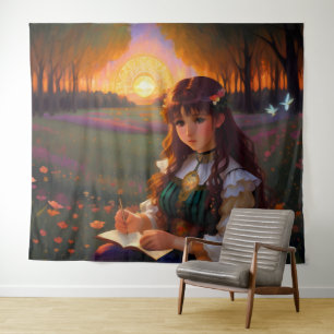 Tenture Mignonne Sad Anime Style Femme dans le pré au couc