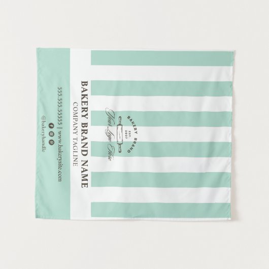 Tenture Mint French Stripes Bakery Logo Table Runner (Devant (Horizontal))
