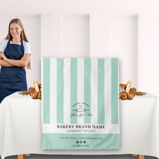 Tenture Mint French Stripes Bakery Logo Table Runner