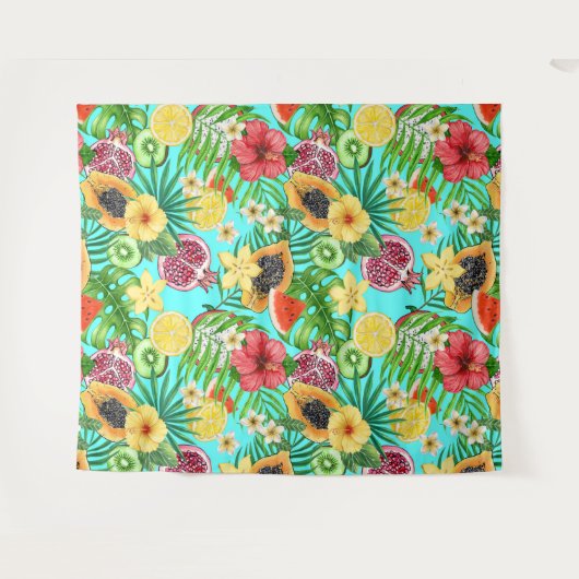Tenture Mix-fruit tropical, fleurs et feuilles en bleu (Devant (Horizontal))