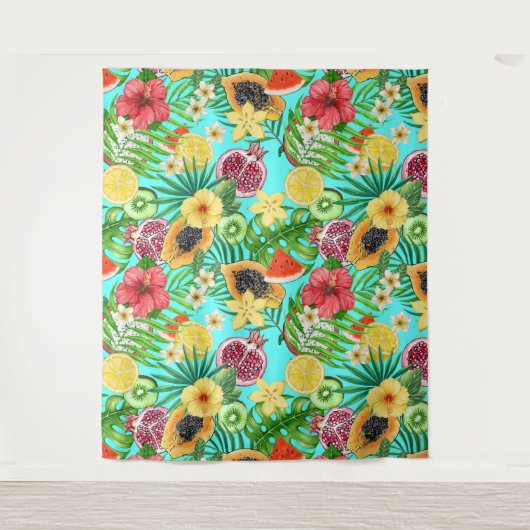 Tenture Mix-fruit tropical, fleurs et feuilles en bleu (Devant)