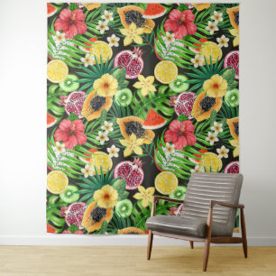 Tenture Mix-fruits tropicaux, fleurs et feuilles en noir