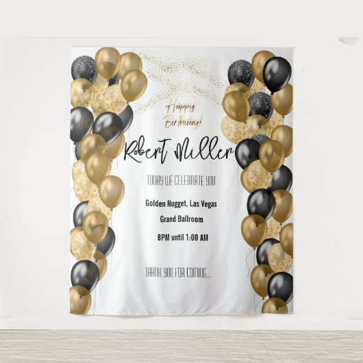 Tenture Modèle Joyeux Anniversaire Noir Or - Transparent (Devant)