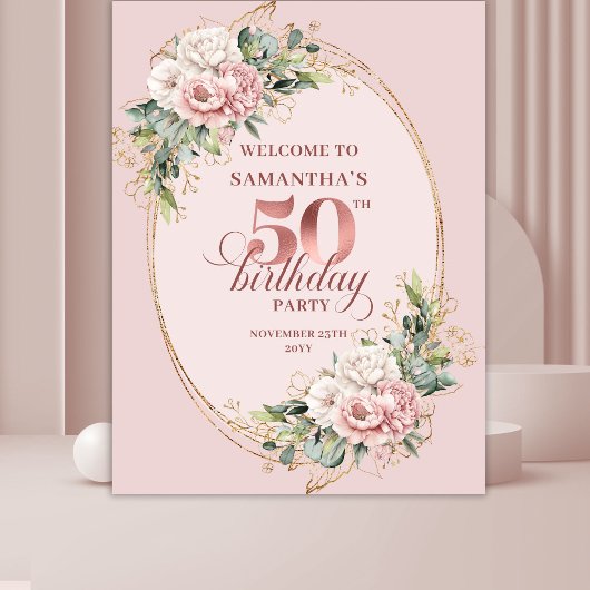 Tenture Modern Blush Pink Botanical 50th Birthday Backdrop