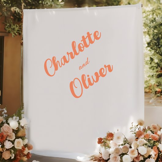 Tenture Modern Coral Orange Couple Names Wedding Backdrop