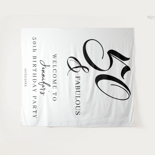 Tenture Modern Elegant Black White Fifty Fabulous Birthday (Devant (Horizontal))