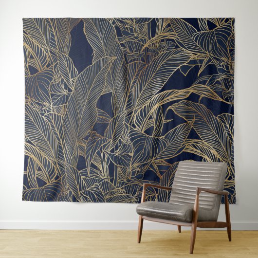 Tenture Moderne Blue Gold Foliage Plante Design botanique (En situation (horizontale))