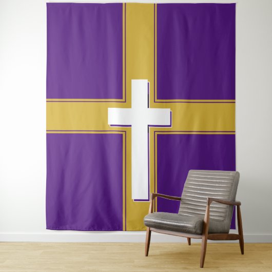 Tenture Moderne | Croix blanche sur | Or et | Pourpre (En situation)