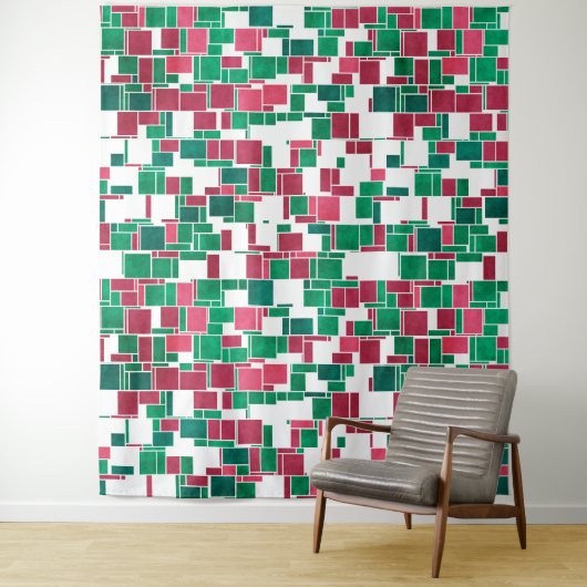 Tenture Moderne Gras Rouge et Vert Noël Mondrian (En situation)