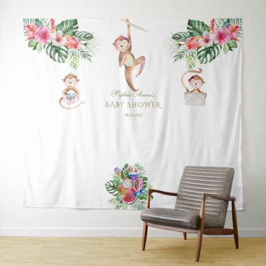 Tenture Monkey Tropical Floral Baby shower Photo Booth (En situation (horizontale))
