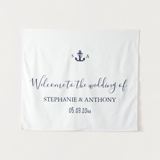 Tenture Monogram Nautical Navy Blue Anchor Wedding (Devant (Horizontal))