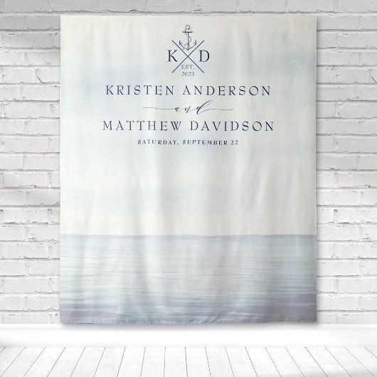 Tenture Monogramme d'ancre nautique Aquarelle Océan Mariag