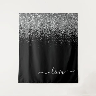 Tenture Monogramme de nom girly en script pailleté noir ar