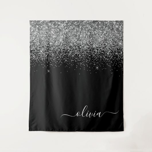 Tenture Monogramme de nom girly en script pailleté noir ar (Devant)