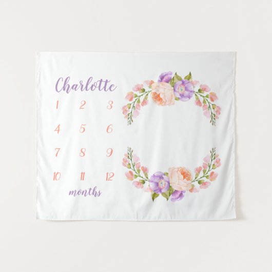 Tenture Monogramme floral aquarelle photo d'étape bébé (Devant (Horizontal))